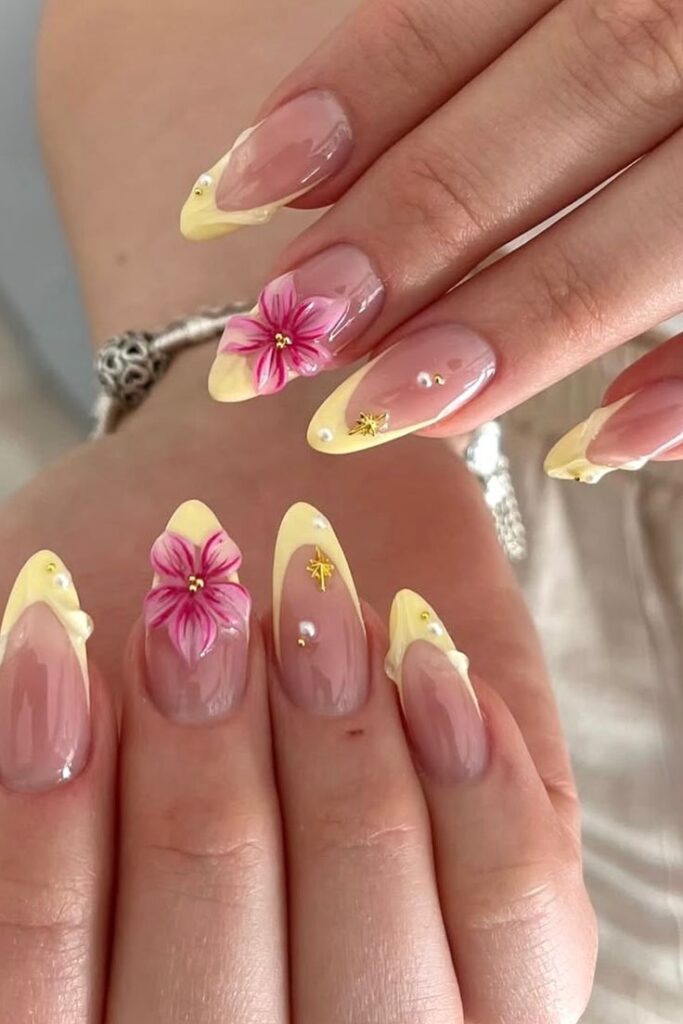 Pink and yellow summer floral nail design